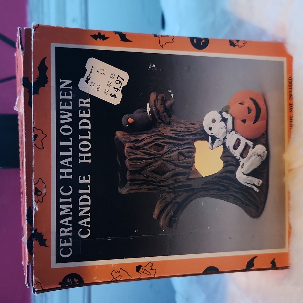 Ceramic Vintage Halloween Candle Holder - With Skeleton And Spooky Tree And Crow